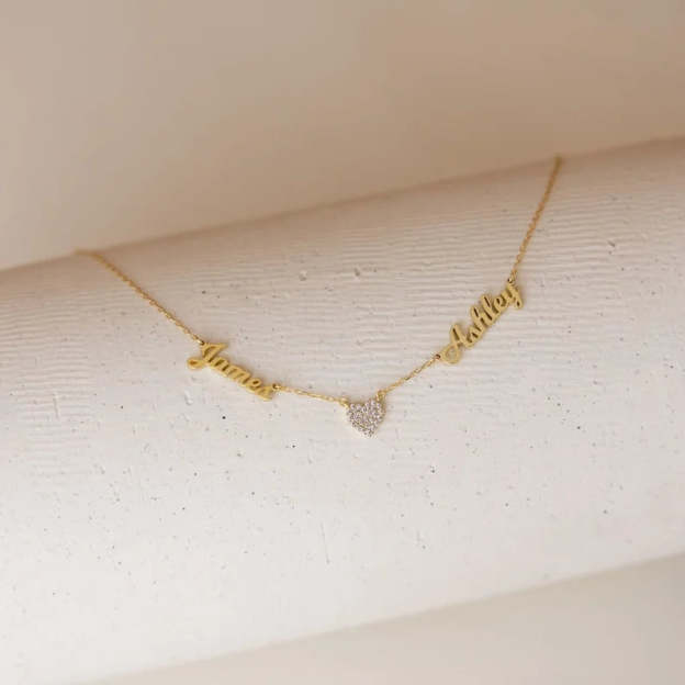 Christmas Gift Custom Name & Pave Heart Charm Necklace
