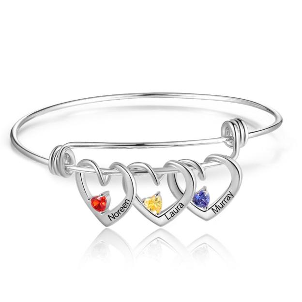 Mother's Day Gift Heart Pendants Bangle Bracelet with 3 Names and Birthstones Gifts for Mom-Engravingift