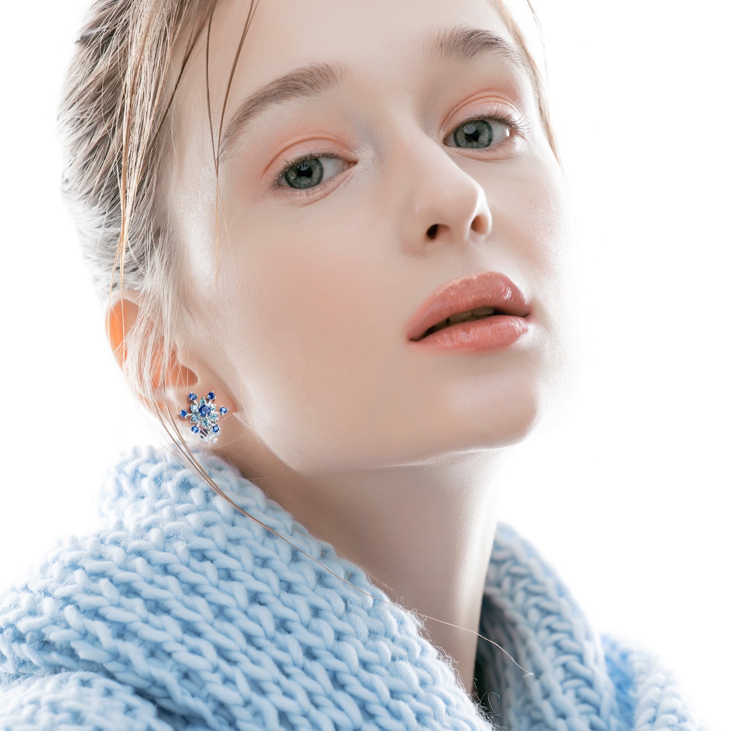 Mother's Day CZ Blue Aqua Star Snowflake Stud Earrings Pierced & Clip On-Engravingift