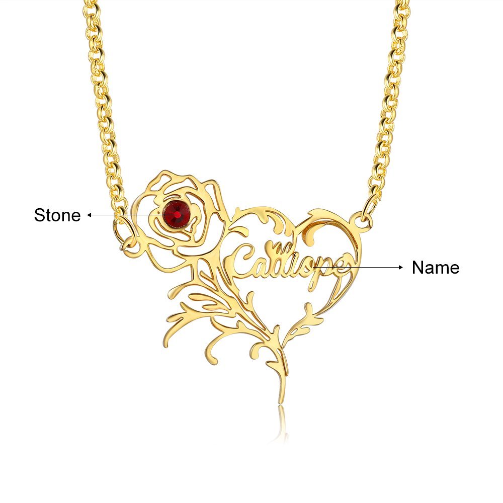 Mother's Day Gift Name Necklace Rose With Birthstone Heart Shape Personalized Name Necklaces-Engravingift