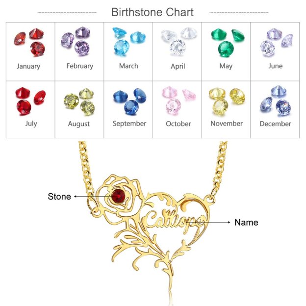 Mother's Day Gift Name Necklace Rose With Birthstone Heart Shape Personalized Name Necklaces-Engravingift