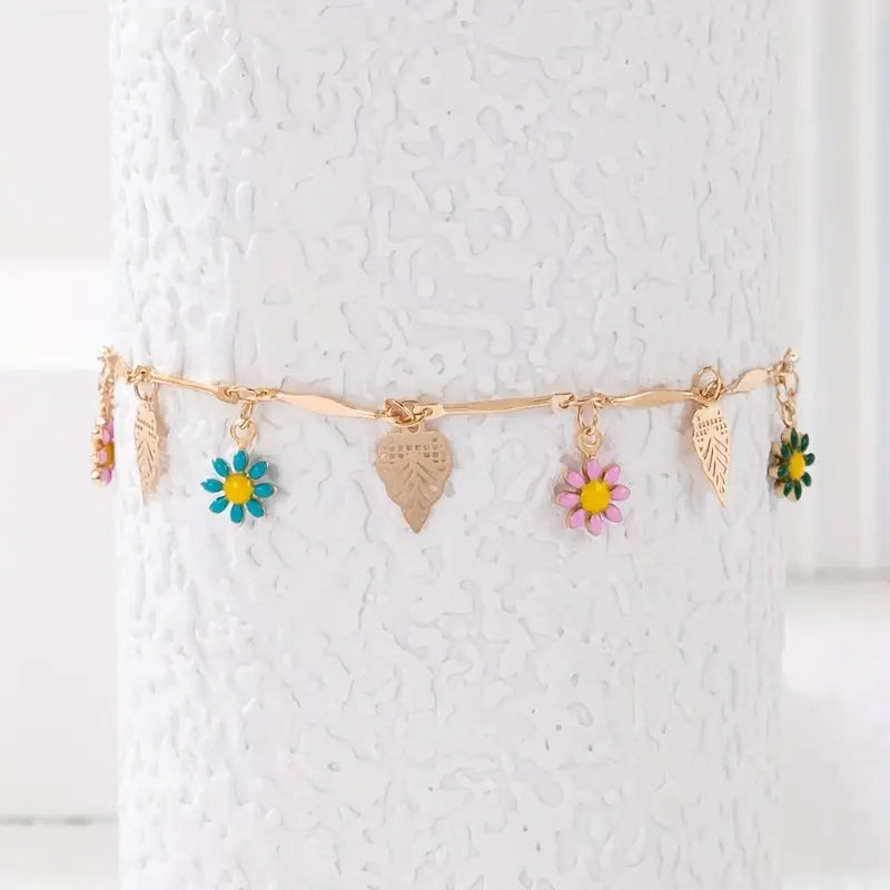Mother's Day Colorful Oil Flower Tassel Pendant Single-layer Anklet Boho Style Ankle Bracelet-Engravingift