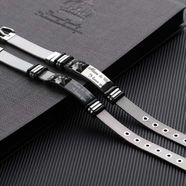 Father's Day Gift Personalized Men Photo Bracelet Engraved ID Bar Bracelet-Engravingift