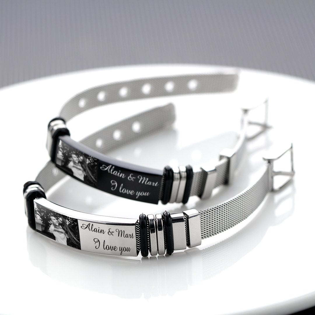 Father's Day Gift Personalized Men Photo Bracelet Engraved ID Bar Bracelet-Engravingift