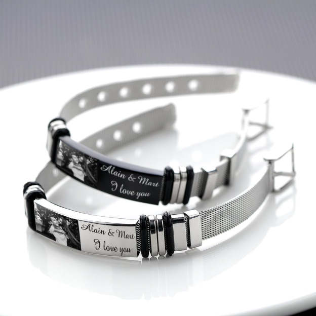 Father's Day Gift Personalized Men Photo Bracelet Engraved ID Bar Bracelet-Engravingift