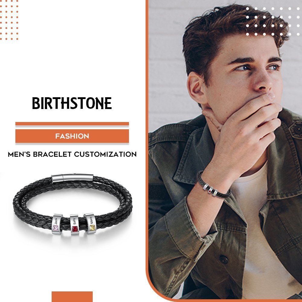 Christmas Gift Personalized Mens Leather Bracelet Beads with Birthstones