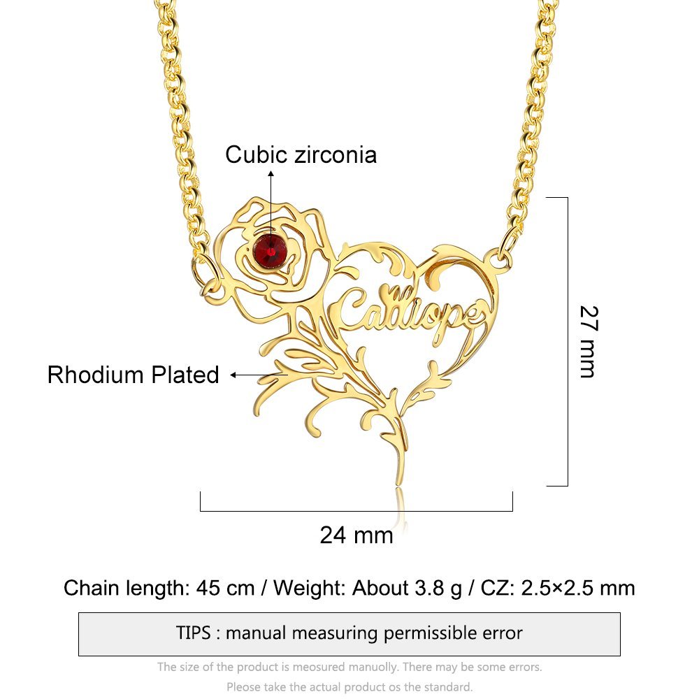 Mother's Day Gift Name Necklace Rose With Birthstone Heart Shape Personalized Name Necklaces-Engravingift