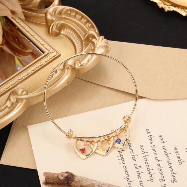 Mother's Day Gift Heart Pendants Bangle Bracelet with 3 Names and Birthstones Gifts for Mom-Engravingift