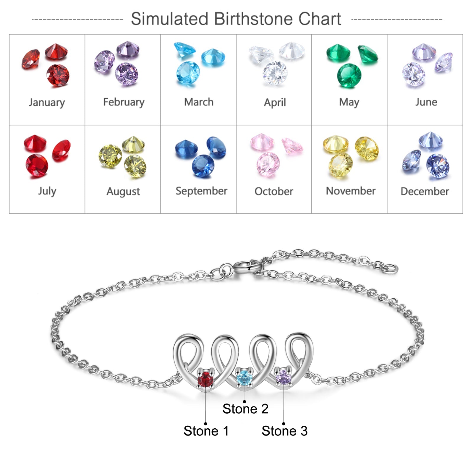 Christmas Gift Personalized Heart Anklet with 3 Birthstones Family Anklet