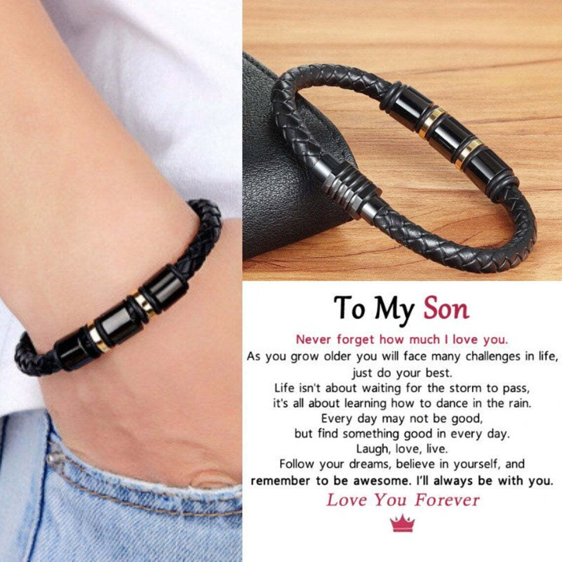 Christmas Gift To My Son, Leather Beads Bracelet "I'll Always be With You" Birthday Gifts for Son-Engravingift