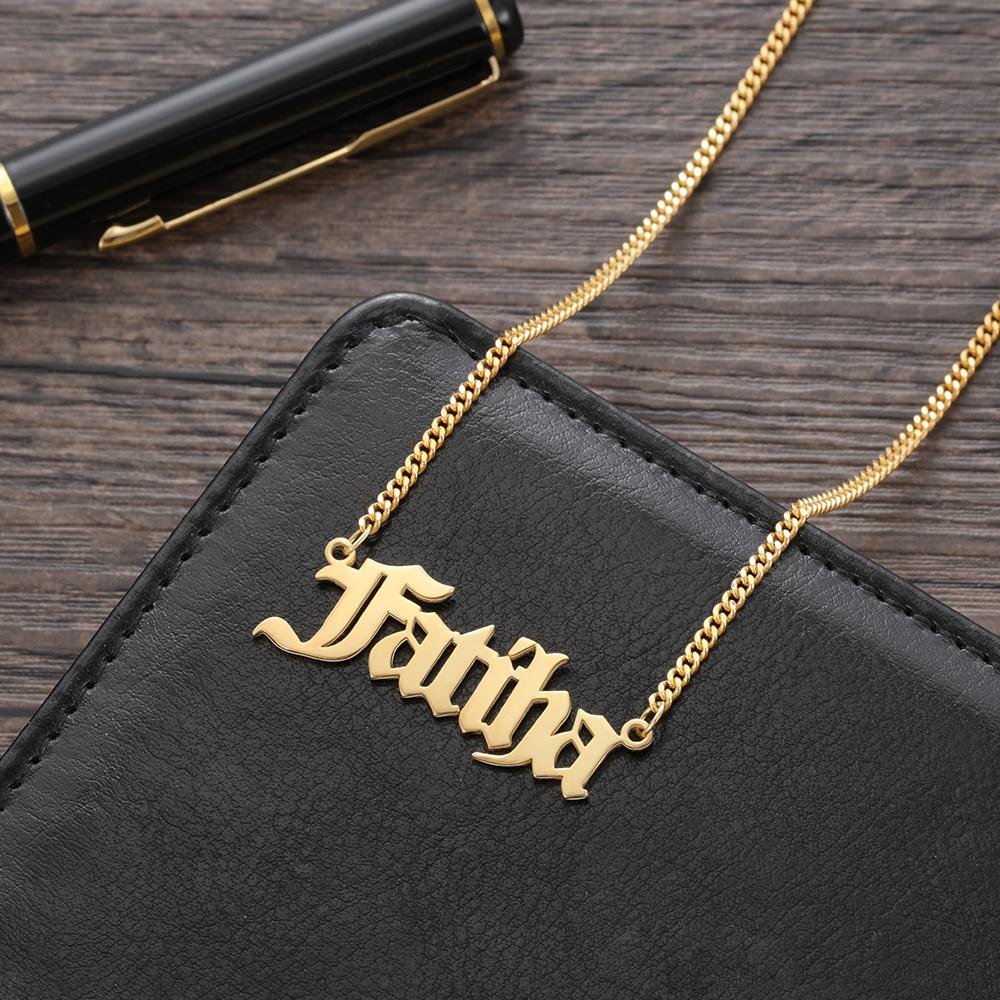 Father's Day Gift Men Custom Name Necklace Personalized Old English Name Chain 14K Gold Pated