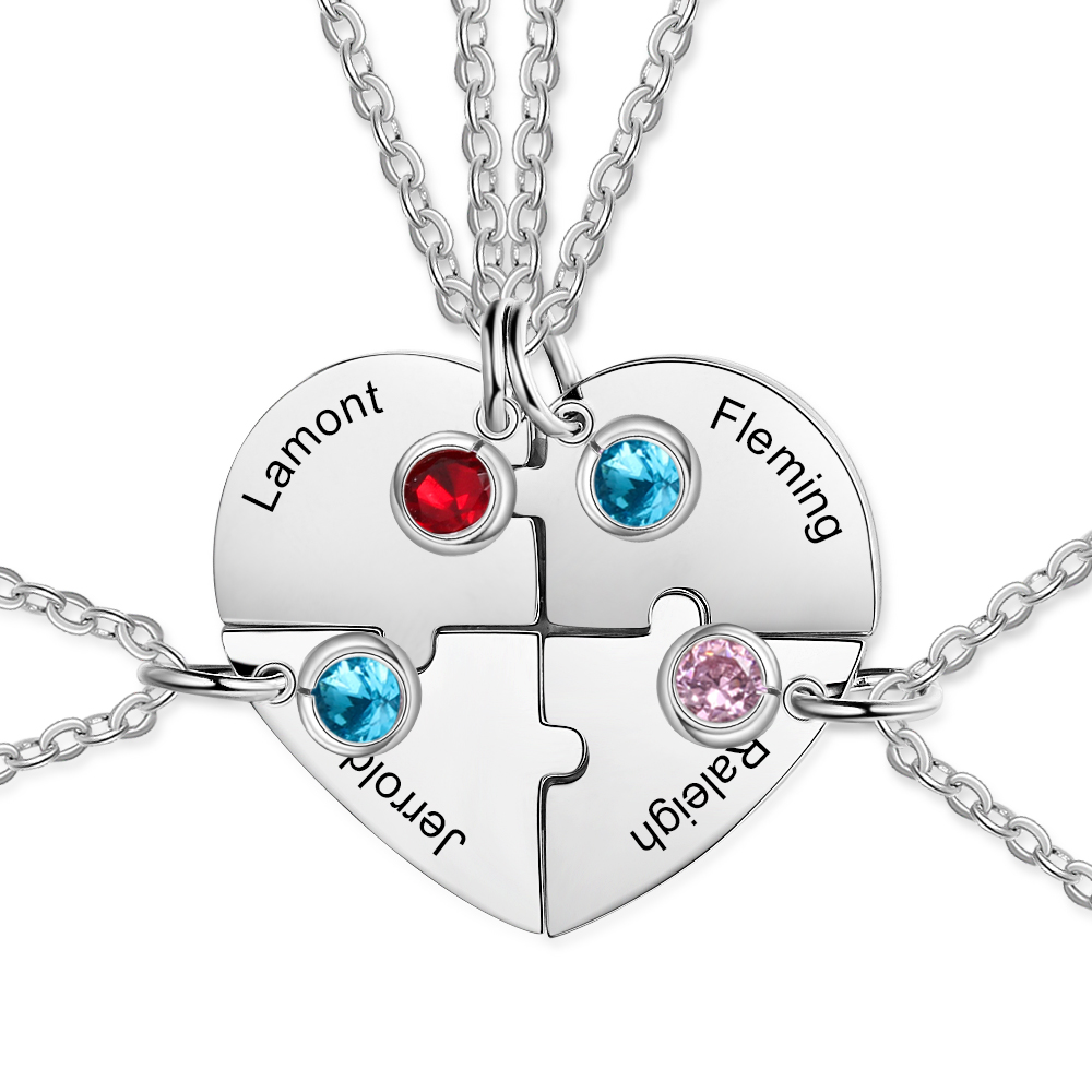 Personalized Heart Puzzle Necklace Custom Birthstones Family Necklace