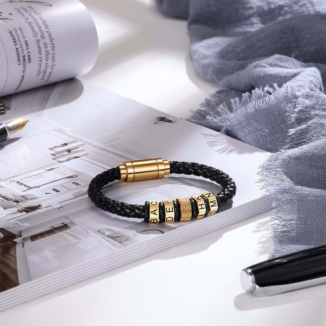 Christmas Gift Christmas Gift Men Leather Bracelet with Beads Engraved-Engravingift