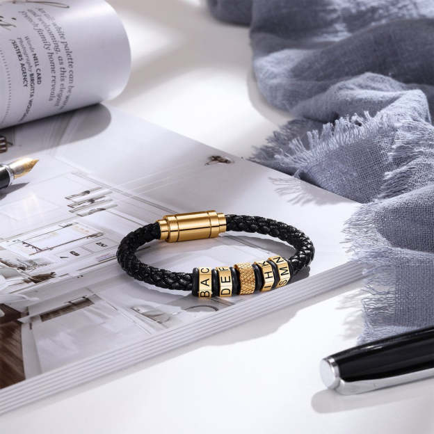 Christmas Gift Christmas Gift Men Leather Bracelet with Beads Engraved-Engravingift