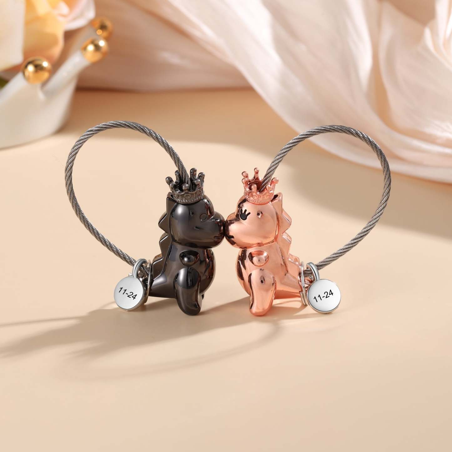 Mother's Day Gift  Magnetic Kissing Dinosaur Funny Keychain Personalized Matching Couple Key Ring Creative Gift-Engravingift