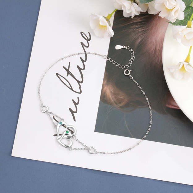 Personalized Heart Anklet with 2 Birthstones Engraved Names Anklet