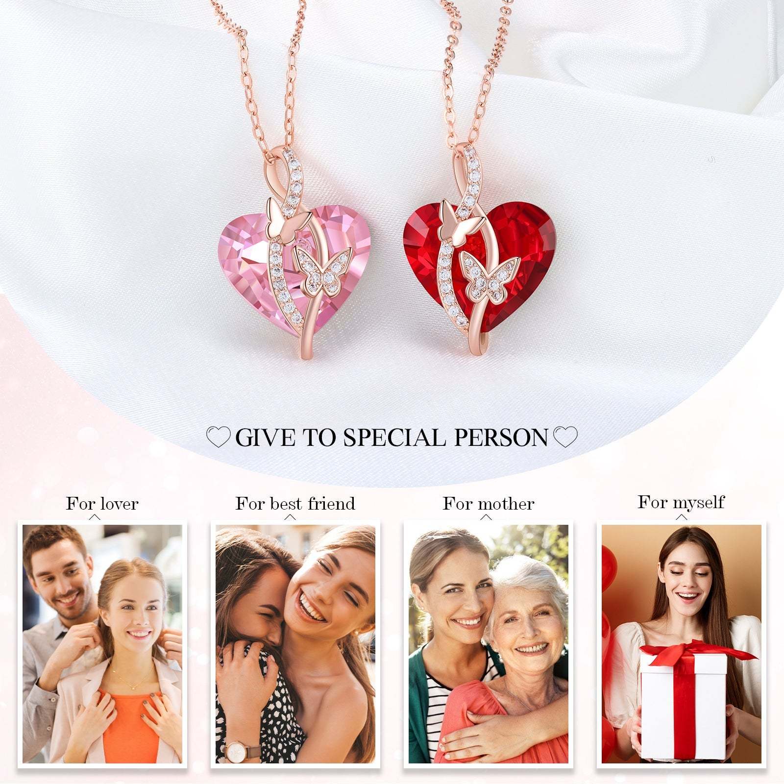 Christmas Gift Heart Red Crystal Necklace Butterfly Ruby Necklace for Her