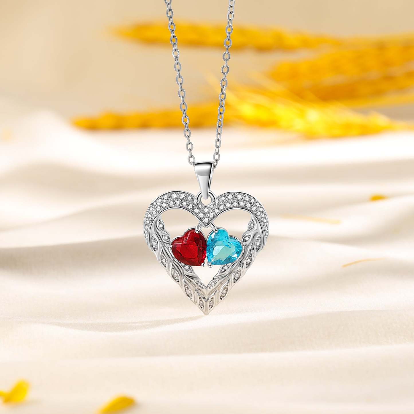 Mother's Day Gift Heart Feather Necklace with 2 Birthstones Birthday Gift for Women-Engravingift