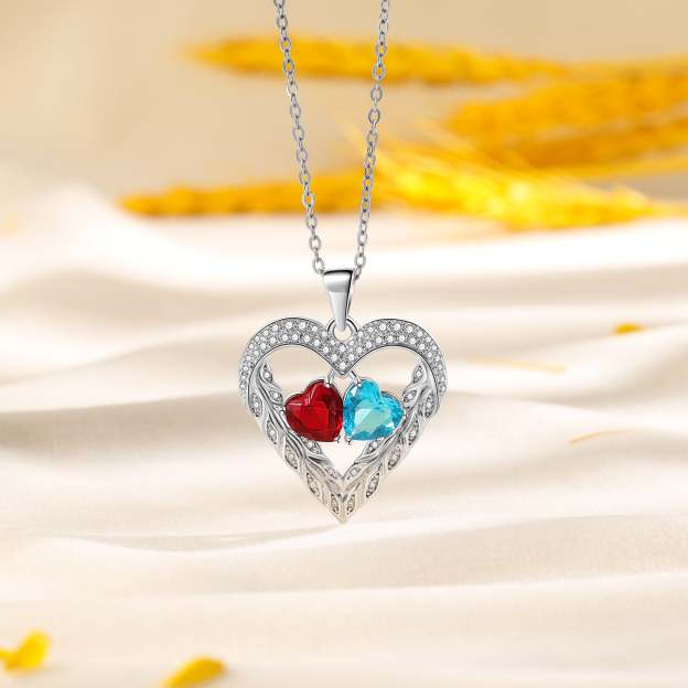 Mother's Day Gift Heart Feather Necklace with 2 Birthstones Birthday Gift for Women-Engravingift