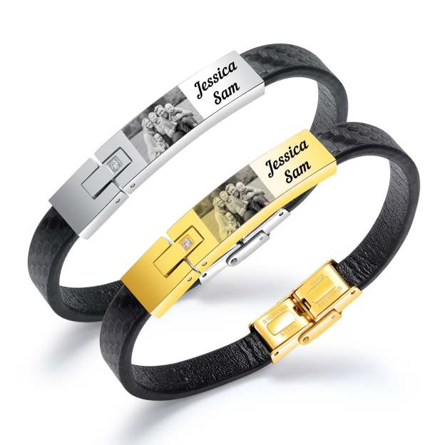 Christmas Personalized Leather Bracelet with Name and Photo Bracelet for Husband-Engravingift