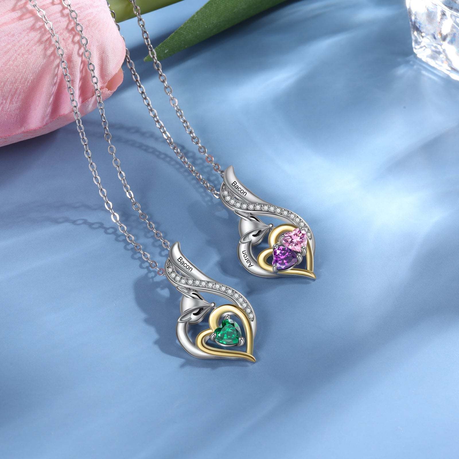 Mother's Day Gift Custom Heart Fox Pendant Necklace with 2 Birthstones Animal Necklace for Girls-Engravingift