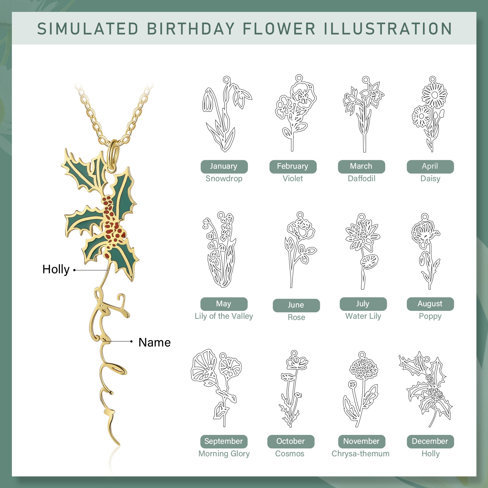 Christmas Gift Holly Name Necklace Custom December Birth Flower Necklace for Her