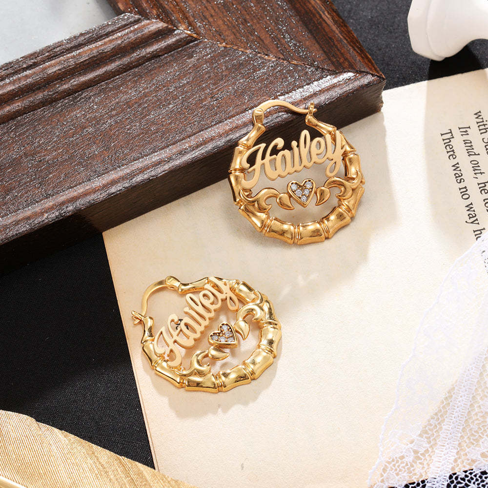 Mother's Day Gift Personalized Name Earrings Custom Bamboo Hoop Earrings for Women-Engravingift