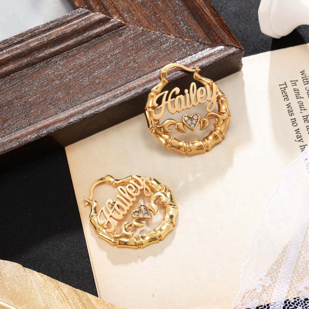Mother's Day Gift Personalized Name Earrings Custom Bamboo Hoop Earrings for Women-Engravingift