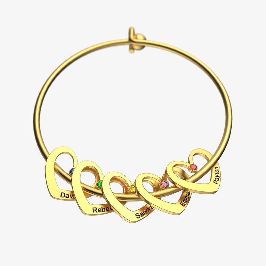 Mother's Day Gift Heart Charm Bangle with Personalized Birthstones and Names-Engravingift