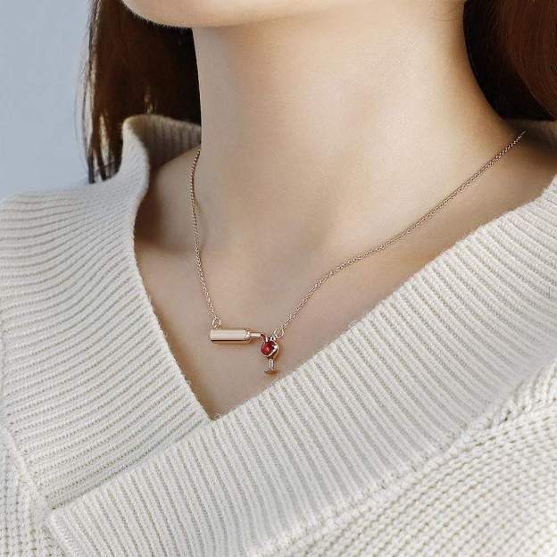 Mother's Day Gift s Red Wine Lover Wine Glass Bottle Heart Pendant Necklace-Engravingift