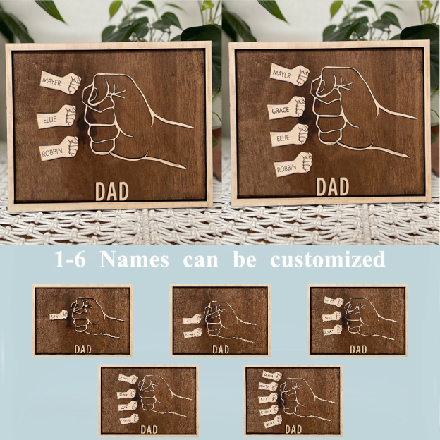 Father and Sons/Daughters Fist Signs Engrave 3 Names Family Bond Wood Frame