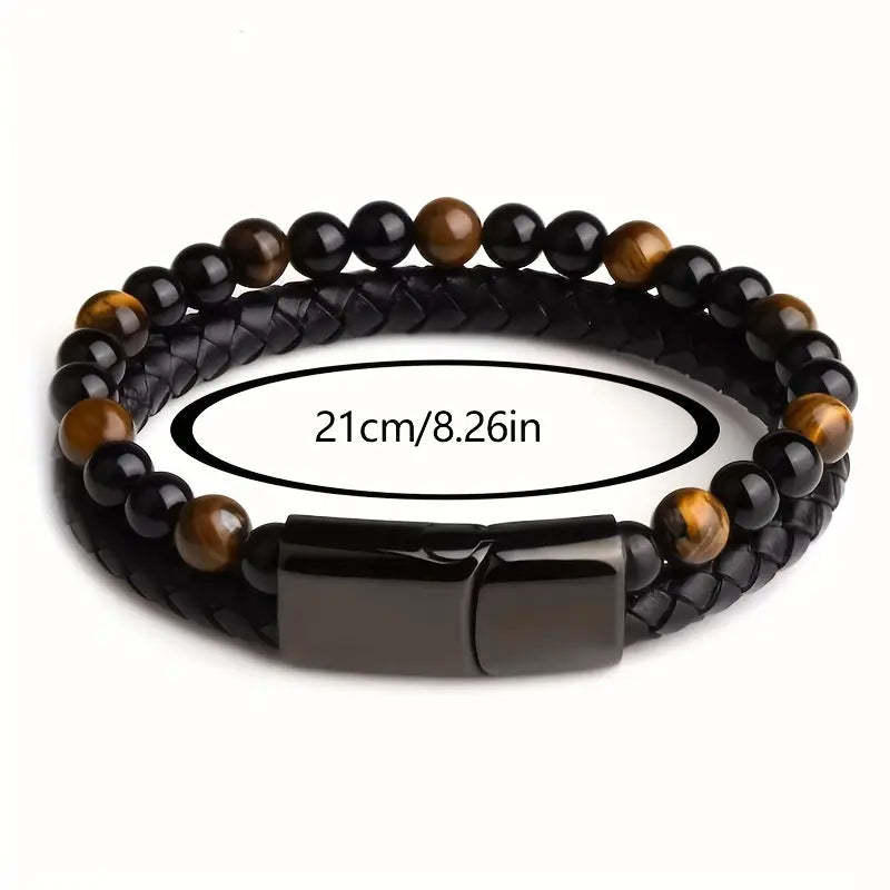 Father's Day Gift Fashion Double Layer Leather Handmade Braided Bracelet Natural Tiger Eye Stone Beaded Bangle-Engravingift
