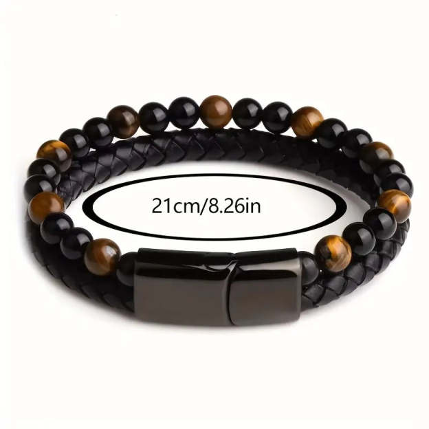 Father's Day Gift Fashion Double Layer Leather Handmade Braided Bracelet Natural Tiger Eye Stone Beaded Bangle-Engravingift