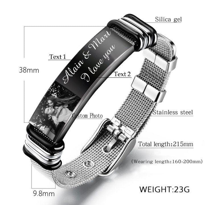Father's Day Gift Personalized Men Photo Bracelet Engraved ID Bar Bracelet-Engravingift