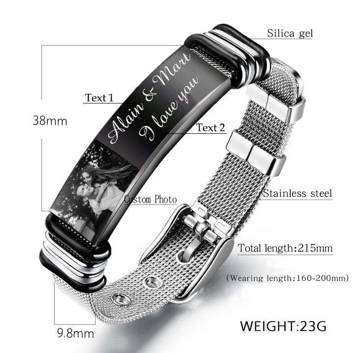 Father's Day Gift Personalized Men Photo Bracelet Engraved ID Bar Bracelet-Engravingift