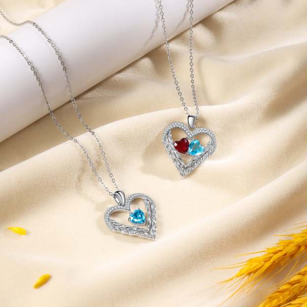 Mother's Day Gift Heart Feather Necklace with 2 Birthstones Birthday Gift for Women-Engravingift