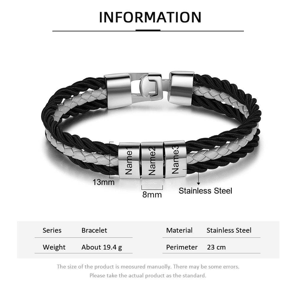 Father's Day Gift Mens Leather Bracelet Braided Layered Leather with Bead, mens custom necklace braided leather bracelet with names-Engravingift