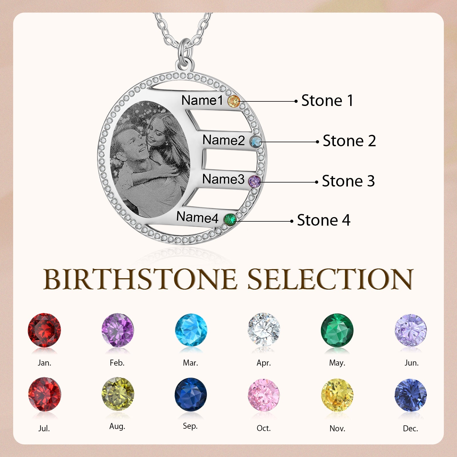 Mother's Day Gift Custom Photo Pendant Necklace with 4 Birthstones Anniversary Birthday Gift for Mother Grandma-Engravingift