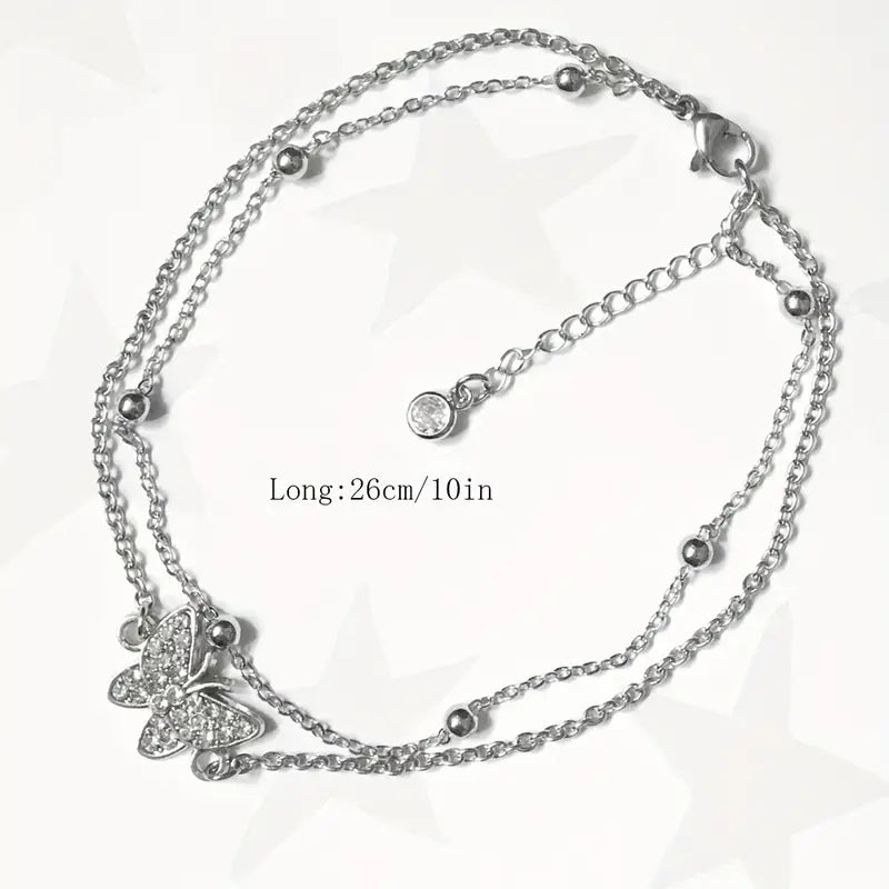 Mother's Day Gift Sparkly Butterfly Double Layers Chain Anklet Versatile Summer Beach Ankle Bracelet White Wedding Foot Ornament-Engravingift