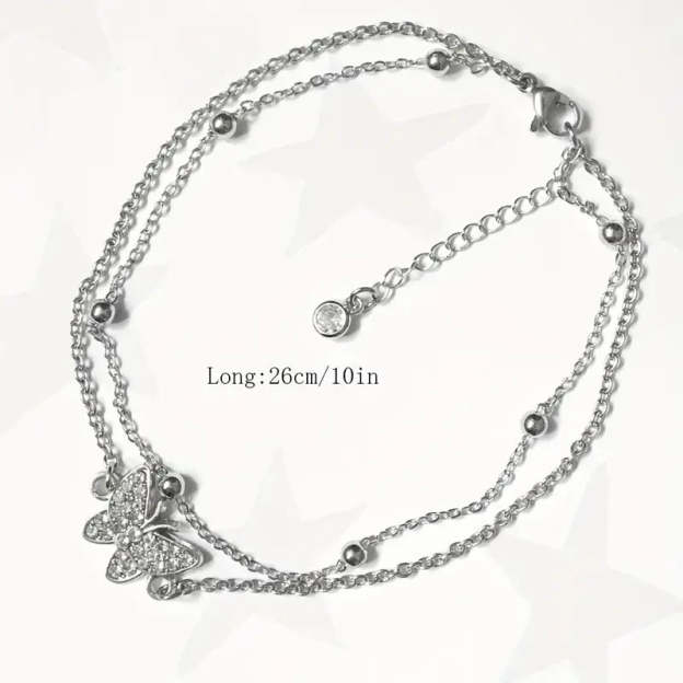 Mother's Day Gift Sparkly Butterfly Double Layers Chain Anklet Versatile Summer Beach Ankle Bracelet White Wedding Foot Ornament-Engravingift