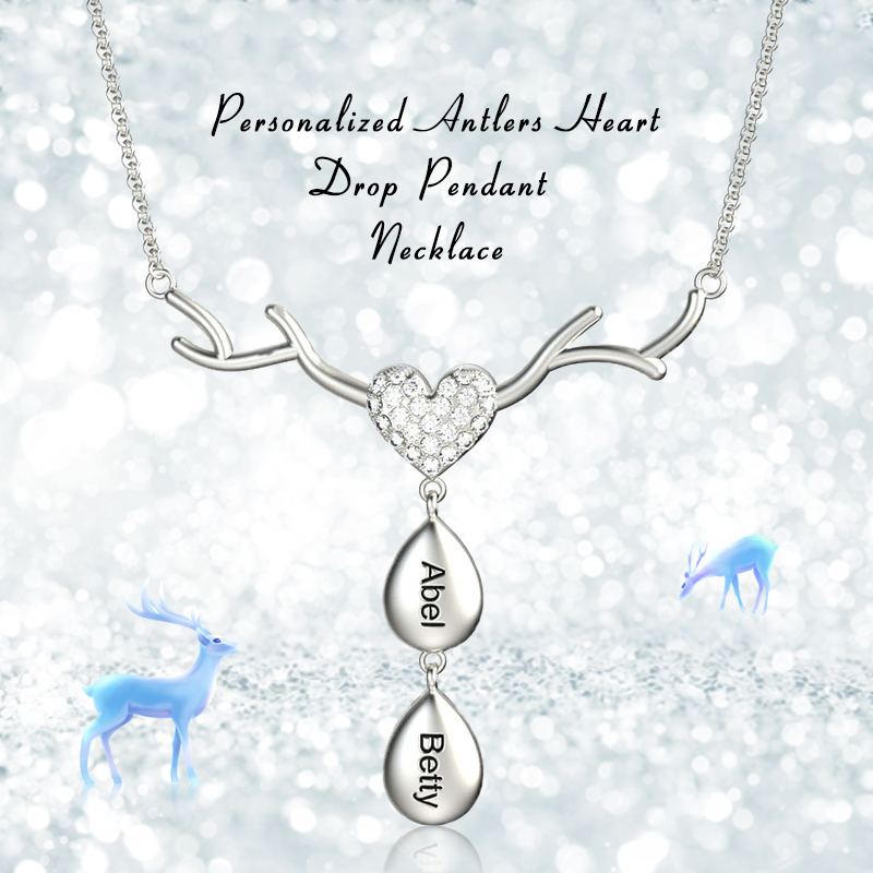 Mother's Day Gift Personalized Antlers Heart Drop Pendant Necklace-Engravingift