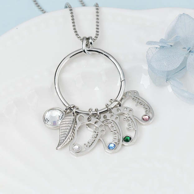 Christmas Gift Personalized Circle Hollow Baby Feet Shape Pendants with Birthstones