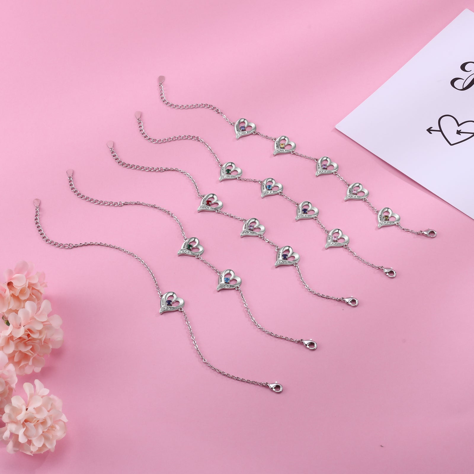 Mother's Day Gift Personalized Heart Charm Bracelet Custom 4 Birthstones Bracelet for Her-Engravingift