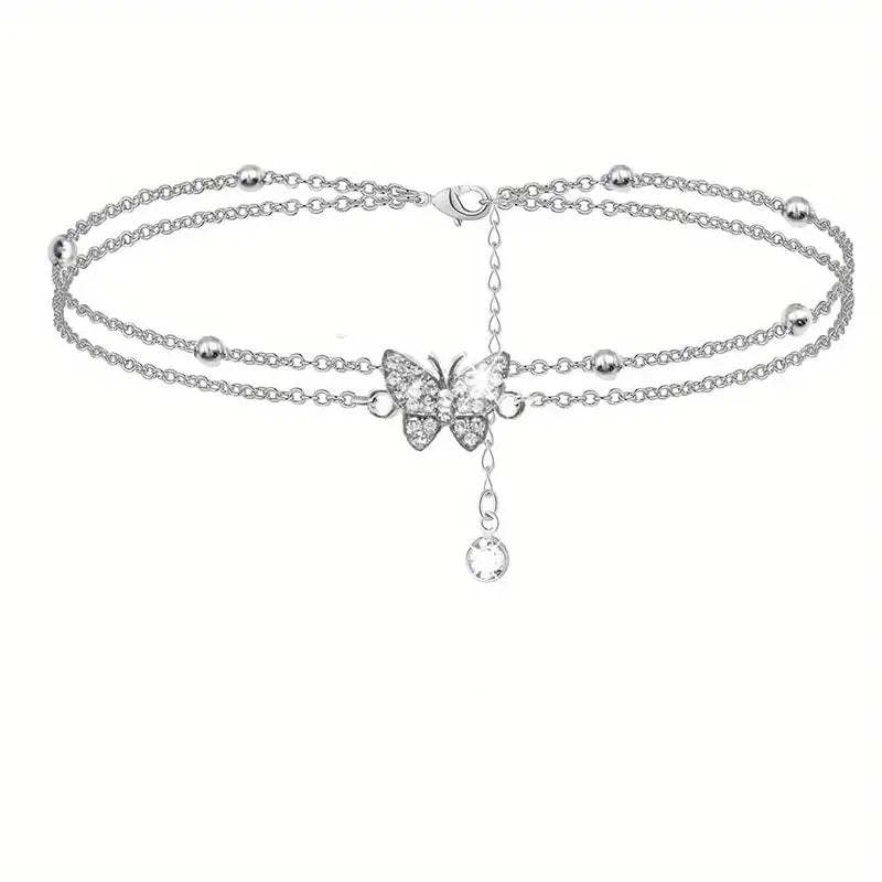 Mother's Day Gift Sparkly Butterfly Double Layers Chain Anklet Versatile Summer Beach Ankle Bracelet White Wedding Foot Ornament-Engravingift