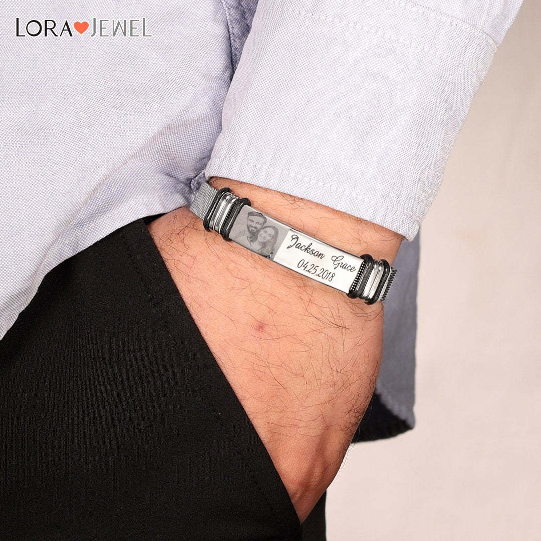 Father's Day Gift Personalized Men Photo Bracelet Engraved ID Bar Bracelet-Engravingift