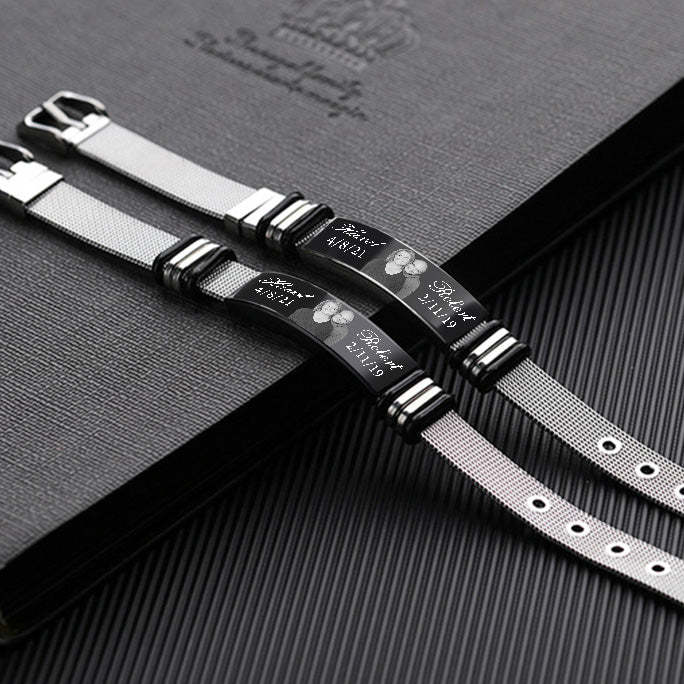 Christmas Gift Personalized Photo Bracelet Engraved Names and Dates ID Bar Bracelet for Men Women