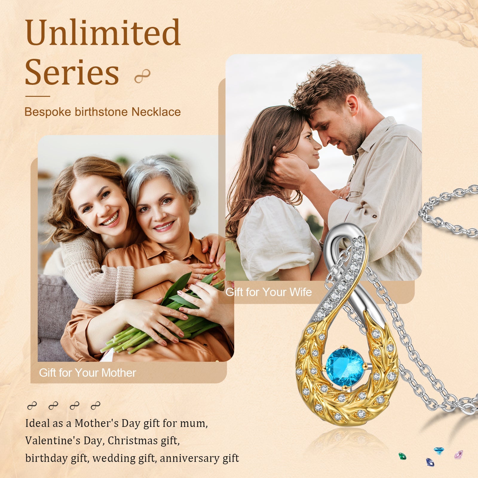 Mother's Day Feather Inifinity Necklace with 1 Birthstone Birthday Anniversary Gift for Mother Wife-Engravingift