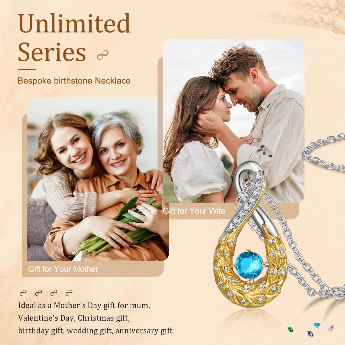 Mother's Day Feather Inifinity Necklace with 1 Birthstone Birthday Anniversary Gift for Mother Wife-Engravingift