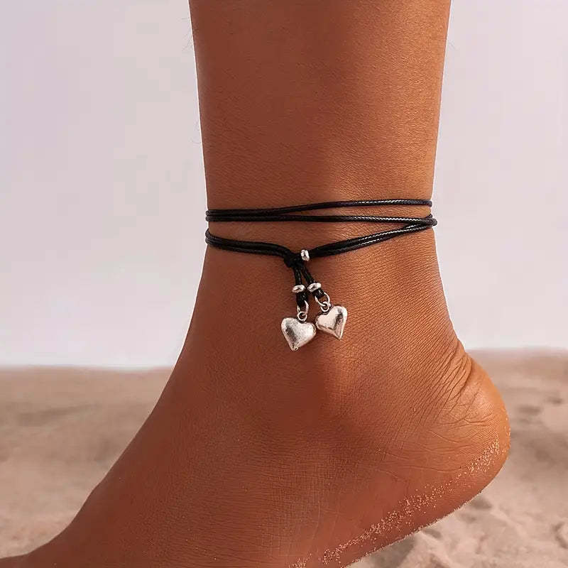 Mother's Day Double Love Heart Pendant Wax Thread Anklet Waterproof Simple Style Ankle Bracelet-Engravingift