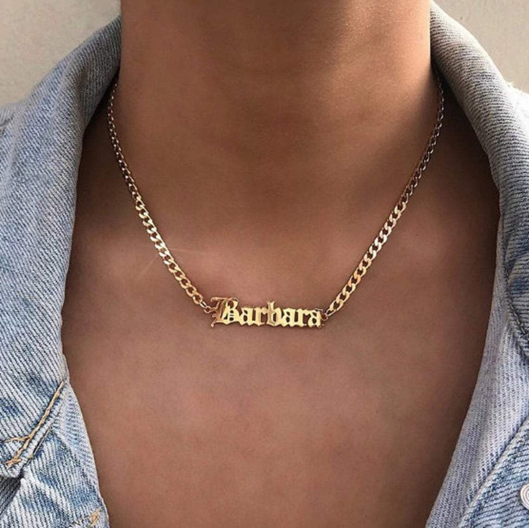 Father's Day Gift Men Custom Name Necklace Personalized Old English Name Chain 14K Gold Pated